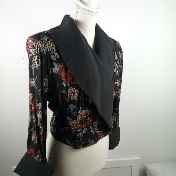 Vintage 90's Floral Dress Jacket L/XL Black Red - Picture 3 of 15